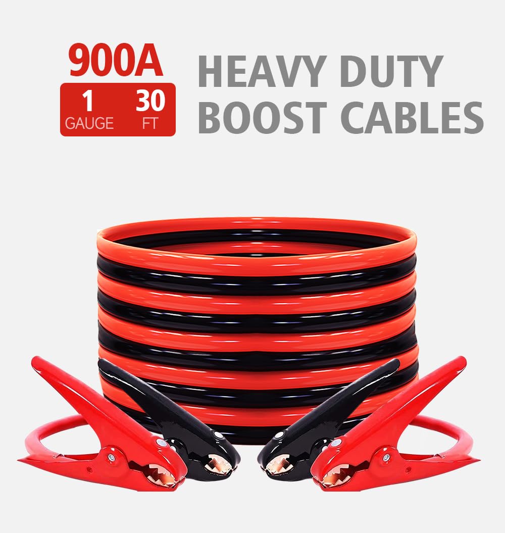 1 Gauge 30FT 900A Heavy-Duty Jumper Cables with Carrying Bag