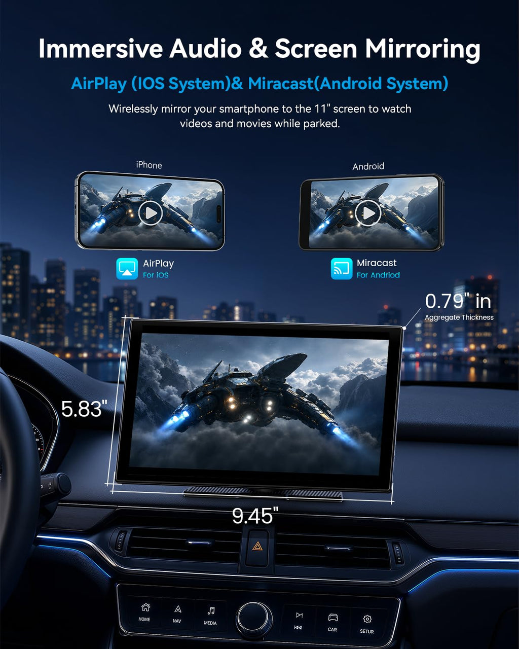 11 Inch Wireless CarPlay and Android Auto Display with 4K Dash Cam and Rear Camera