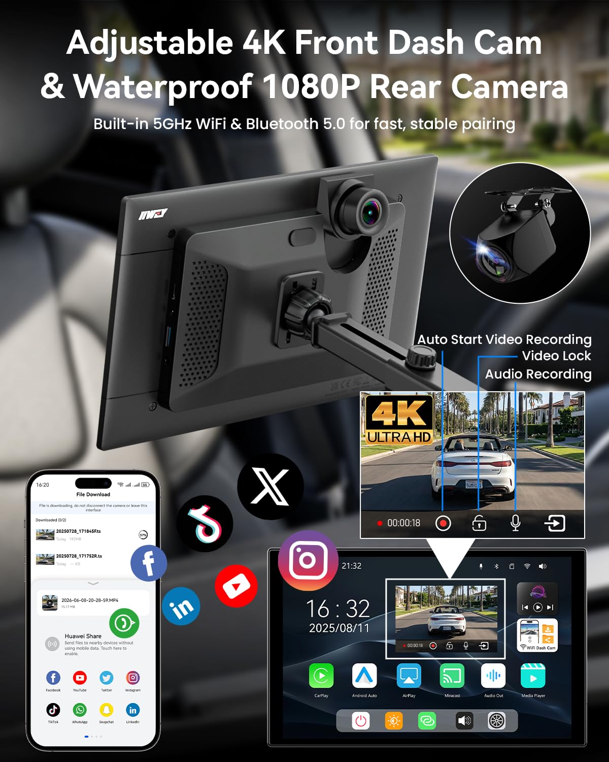 11 Inch Wireless CarPlay and Android Auto Display with 4K Dash Cam and Rear Camera