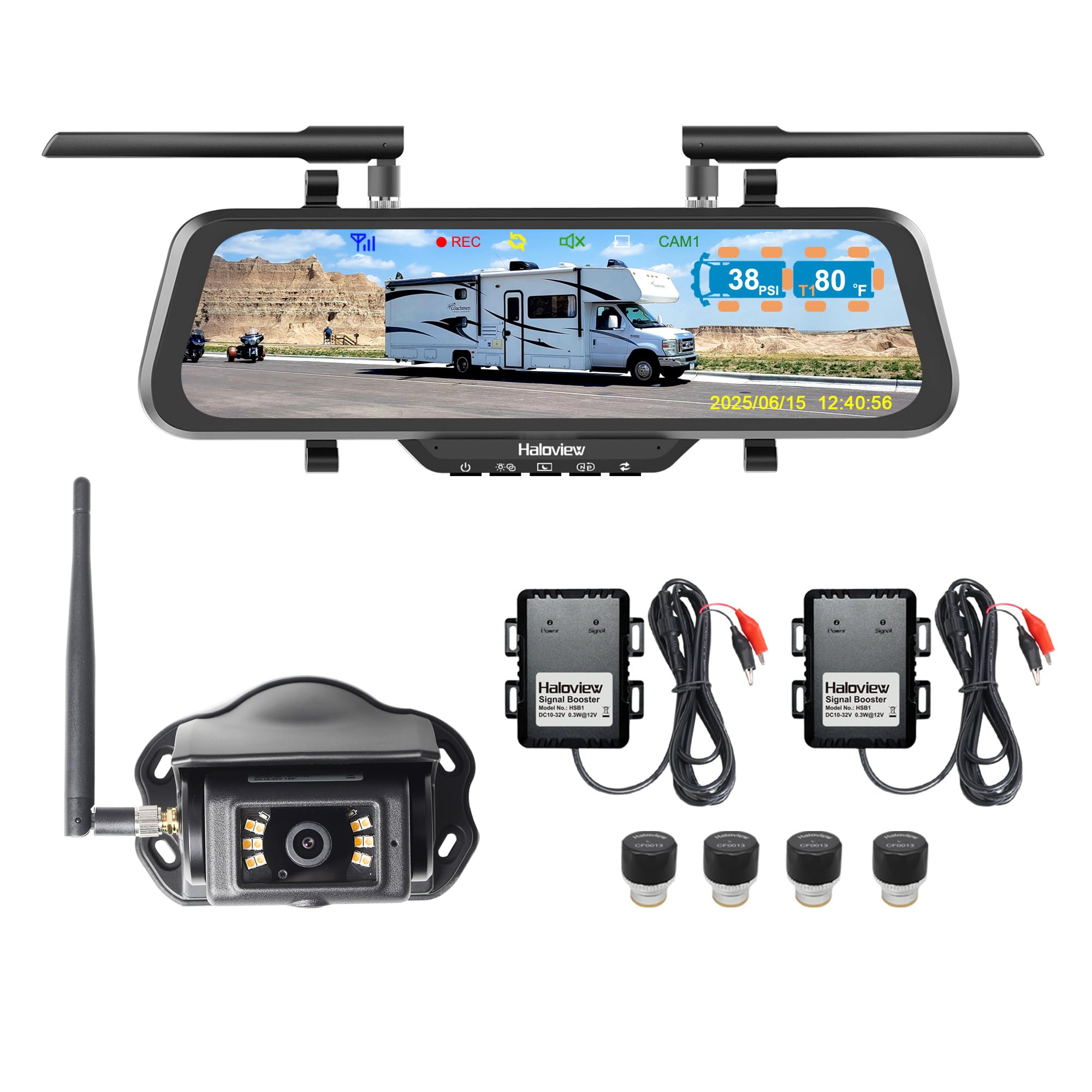 Haloview BT10 TPMS 4 Sensors Wireless Mirror 10" Monitor Backup Camera SYS