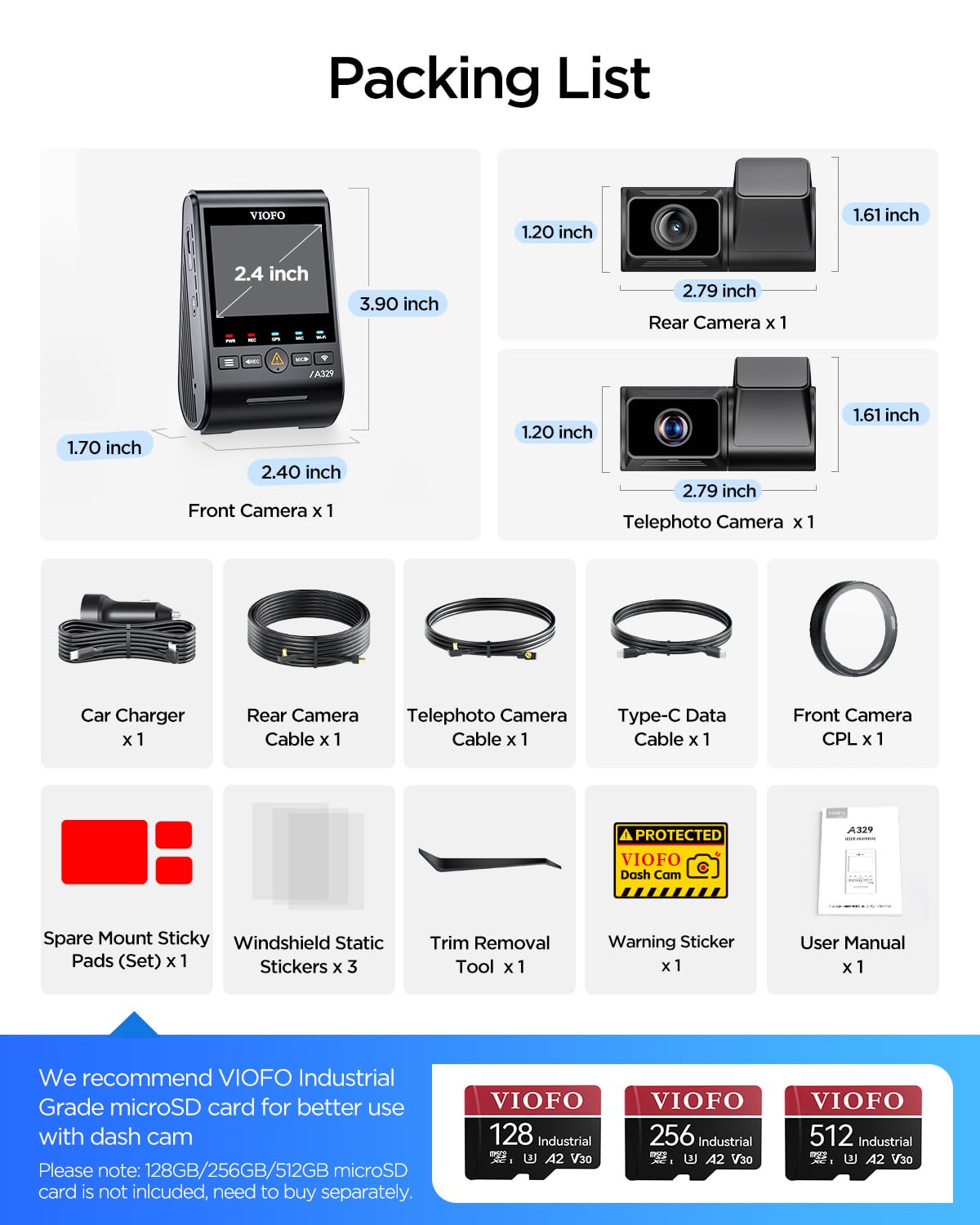 VIOFO A329T 4K 3CH Dash Cam Front Telephoto Rear, STARVIS 2 HDR, Wi-Fi 6