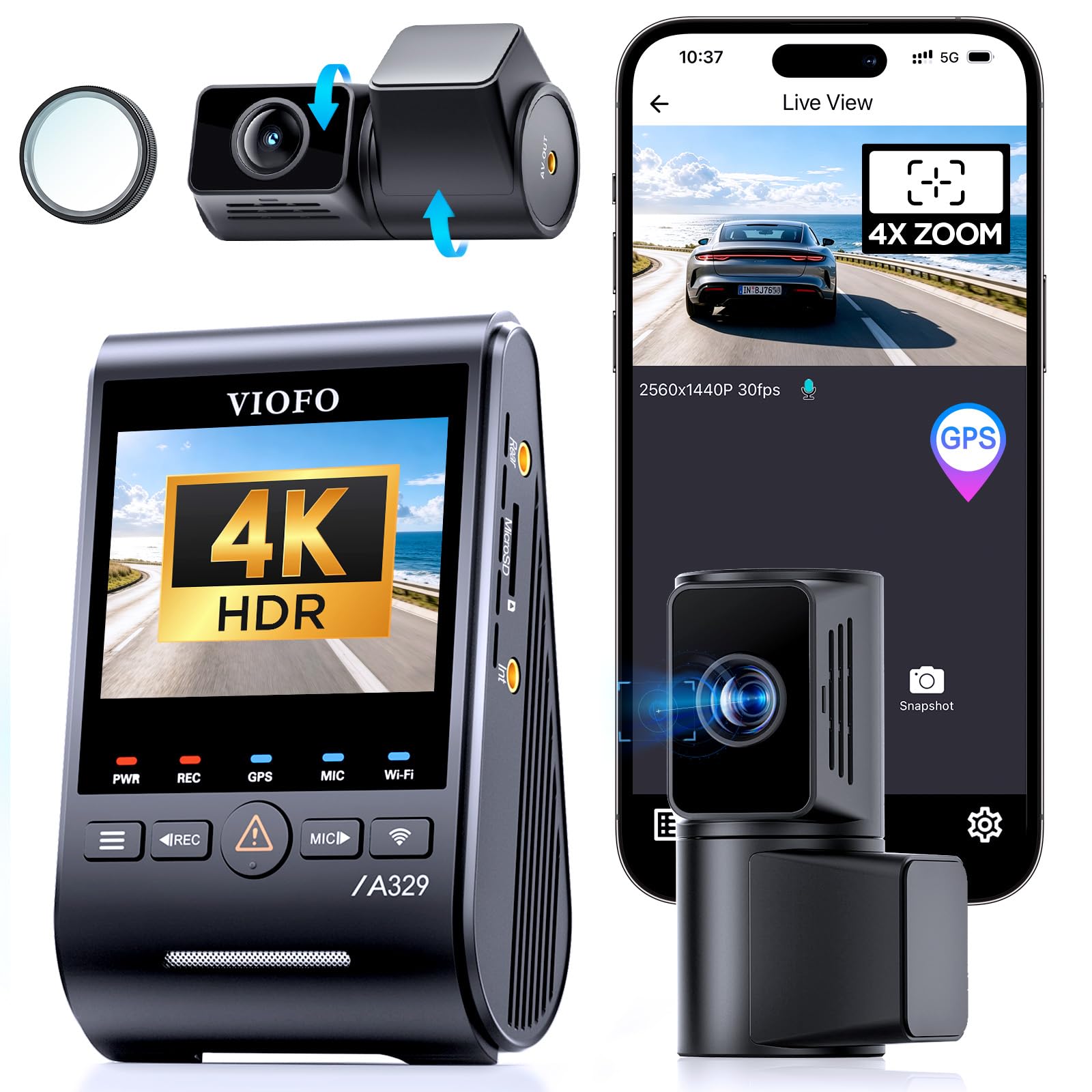 VIOFO A329T 4K 3CH Dash Cam Front Telephoto Rear, STARVIS 2 HDR, Wi-Fi 6