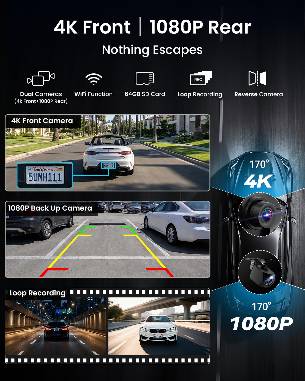 11 Inch Wireless CarPlay and Android Auto Display with 4K Dash Cam and Rear Camera
