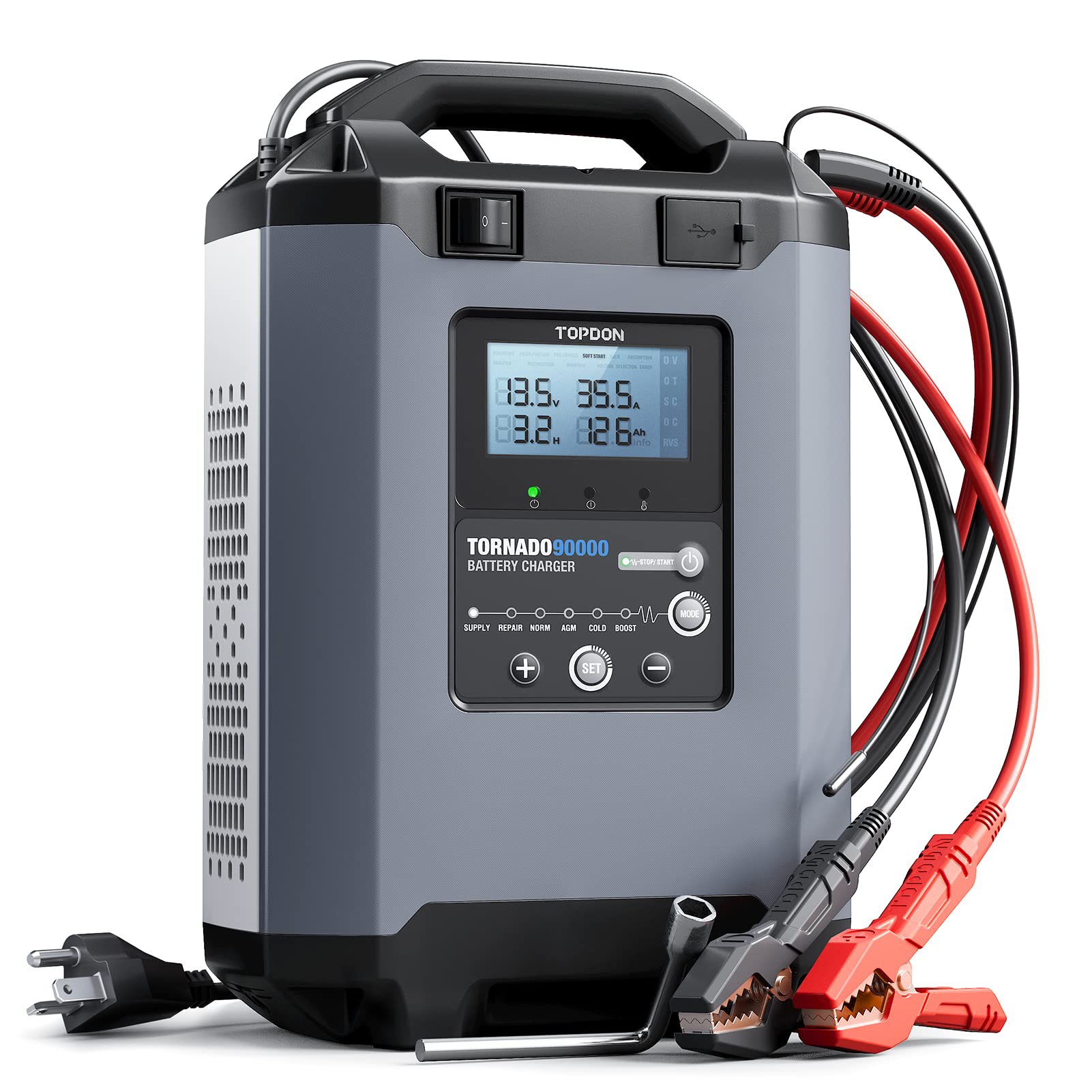 TOPDON T90A 12/24V Car Battery Charger, 5A-90A Smart Charger