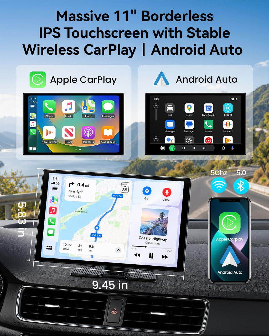 11 Inch Wireless CarPlay and Android Auto Display with 4K Dash Cam and Rear Camera