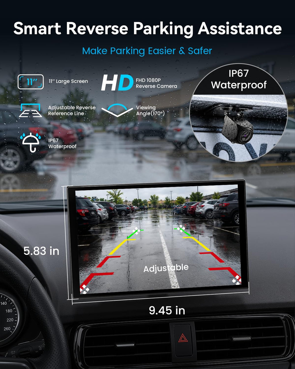 11 Inch Wireless CarPlay and Android Auto Display with 4K Dash Cam and Rear Camera
