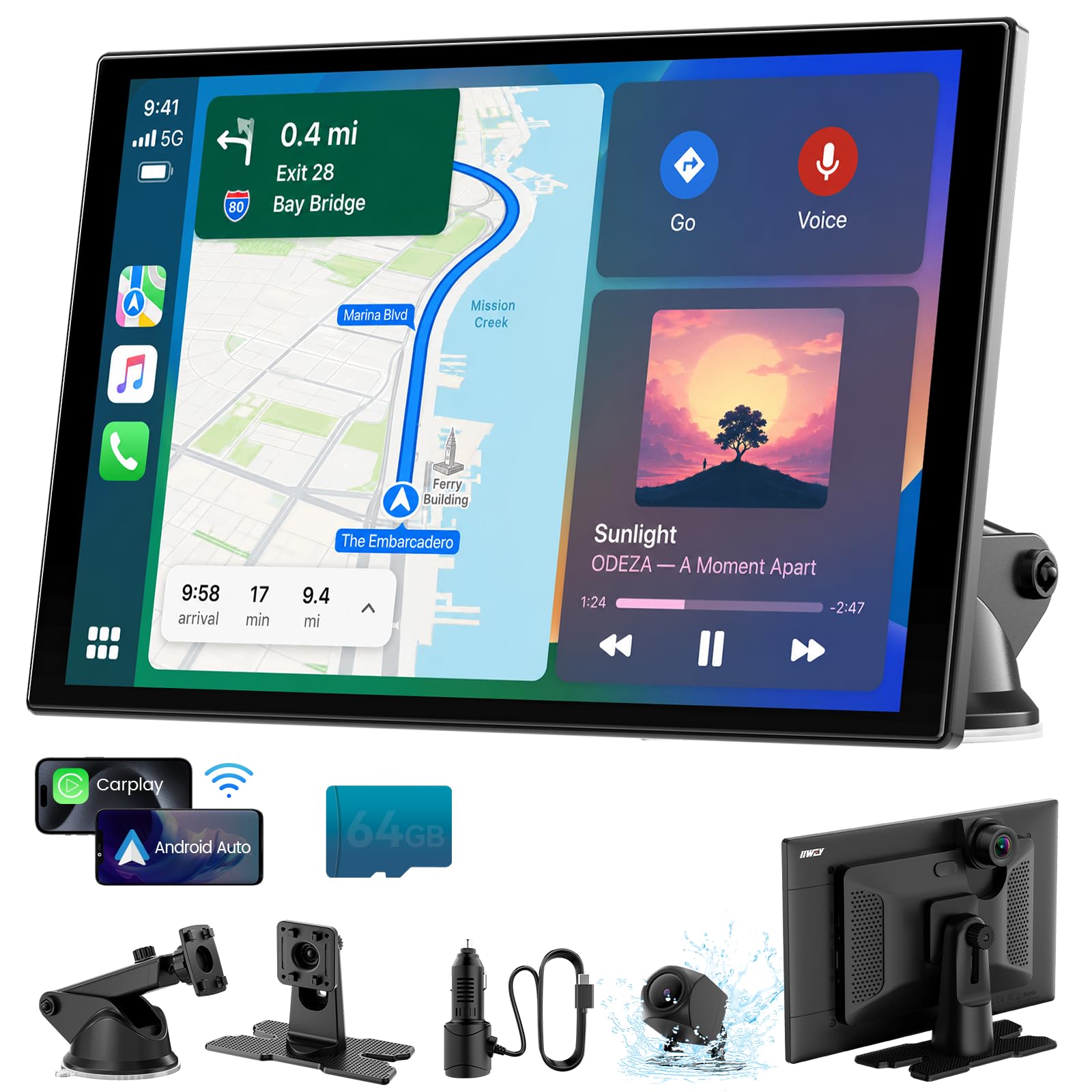 11 Inch Wireless CarPlay and Android Auto Display with 4K Dash Cam and Rear Camera