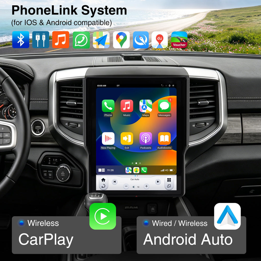 12.1-Inch Android Car Stereo with Wireless CarPlay for Dodge RAM