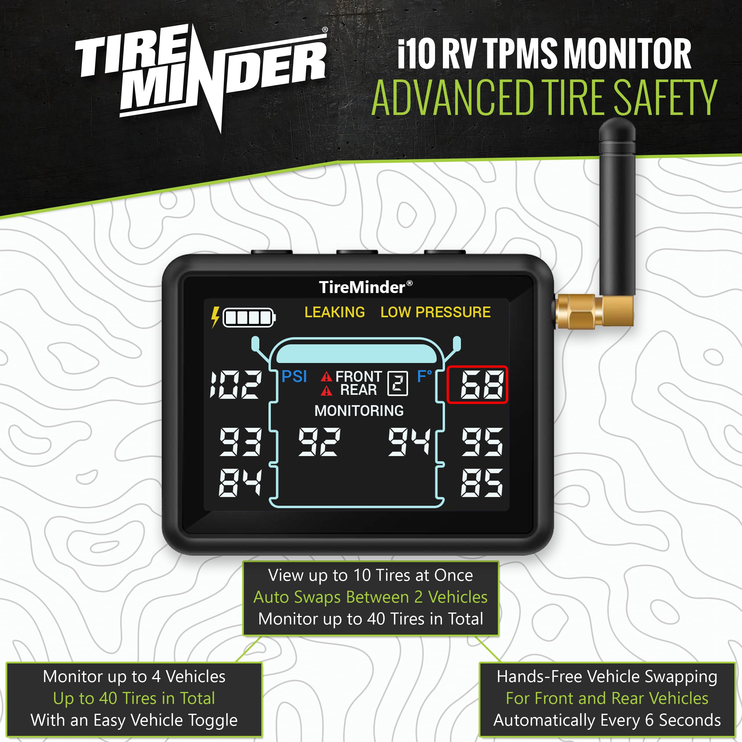 Tire Pressure Monitoring System with 3.15-Inch LCD Display and 10 Sensors