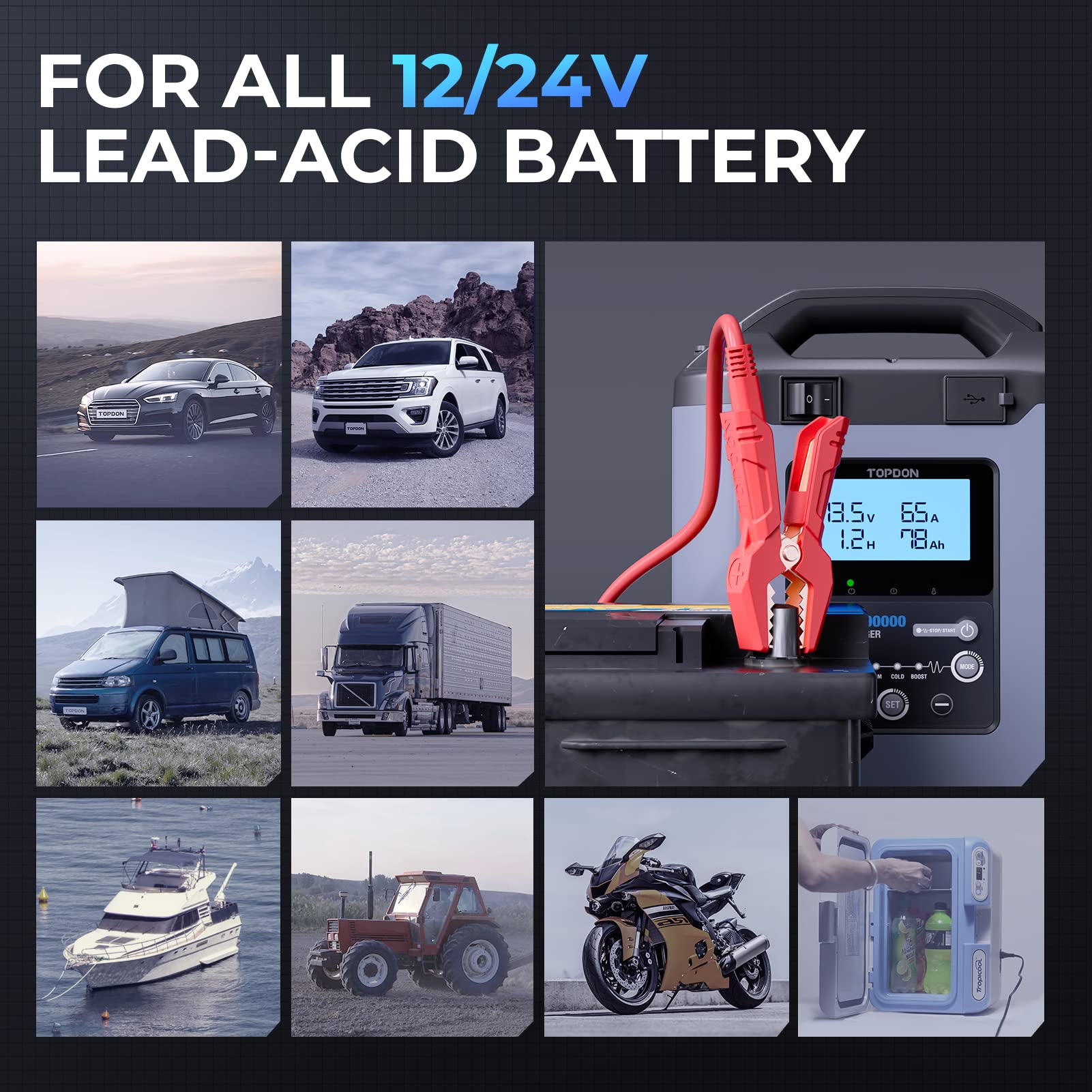 TOPDON T90A 12/24V Car Battery Charger, 5A-90A Smart Charger