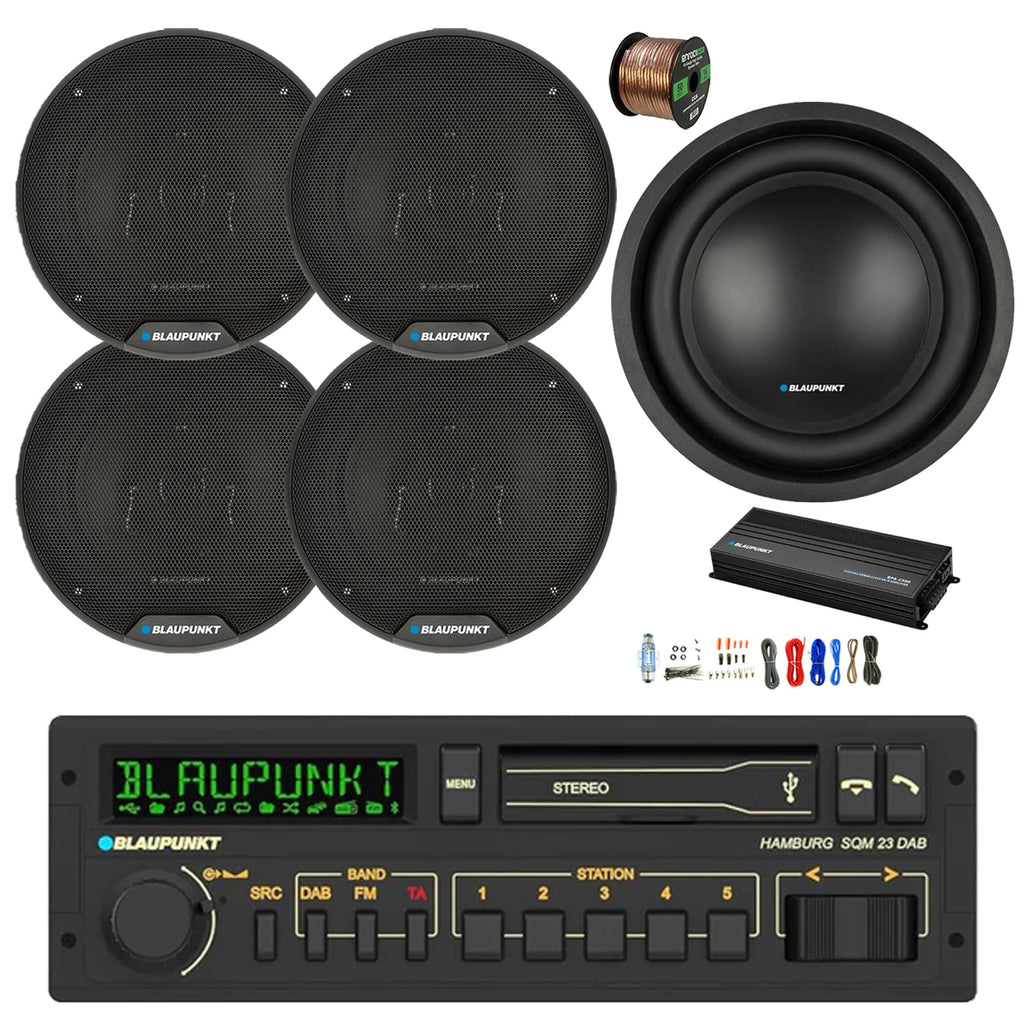 Single DIN Bluetooth Stereo Receiver with 5-Channel Amplifier 10-Inch Subwoofer and 6-Inch Speakers