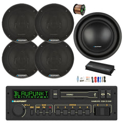Single DIN Bluetooth Stereo Receiver with 5-Channel Amplifier 10-Inch Subwoofer and 6-Inch Speakers