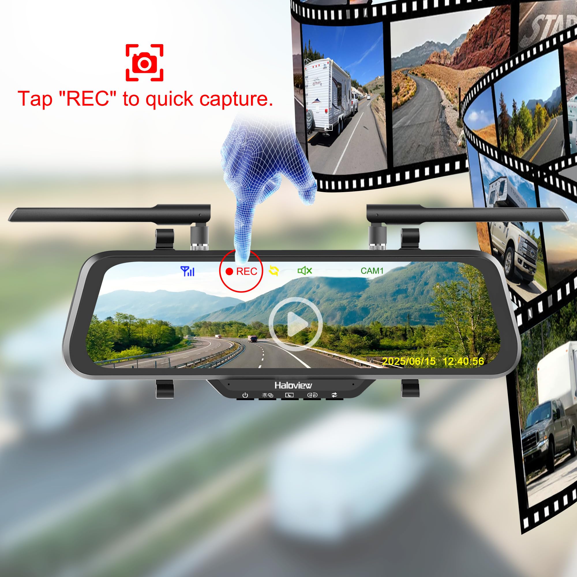 Haloview BT10 TPMS 4 Sensors Wireless Mirror 10" Monitor Backup Camera SYS