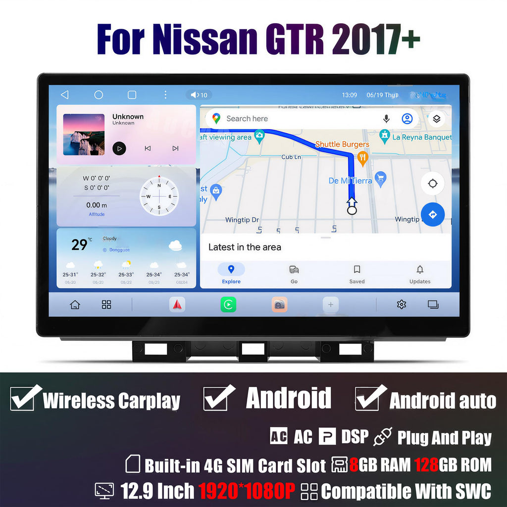 12.9-Inch Android Car Stereo with Wireless CarPlay for Nissan GTR