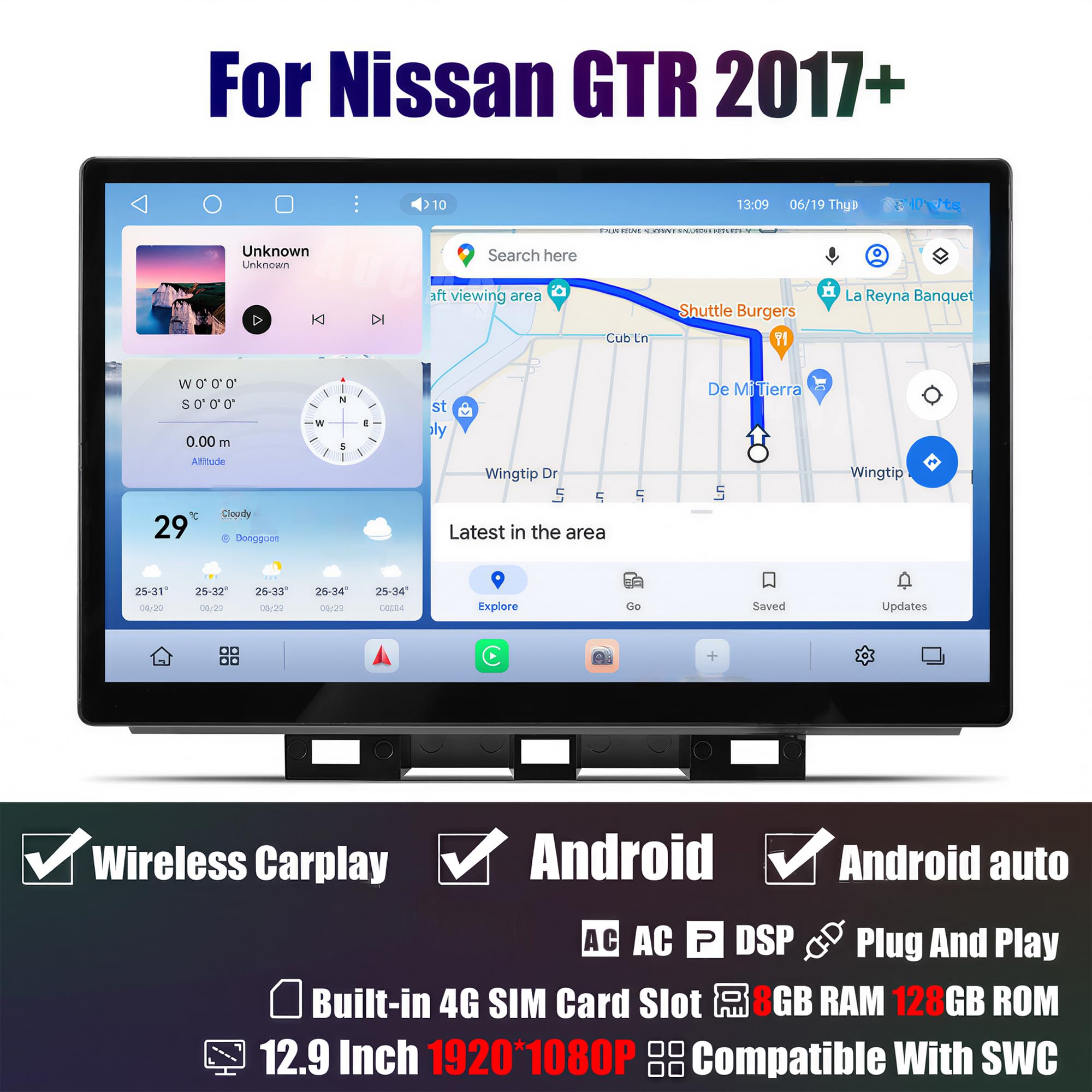 12.9-Inch Android Car Stereo with Wireless CarPlay for Nissan GTR