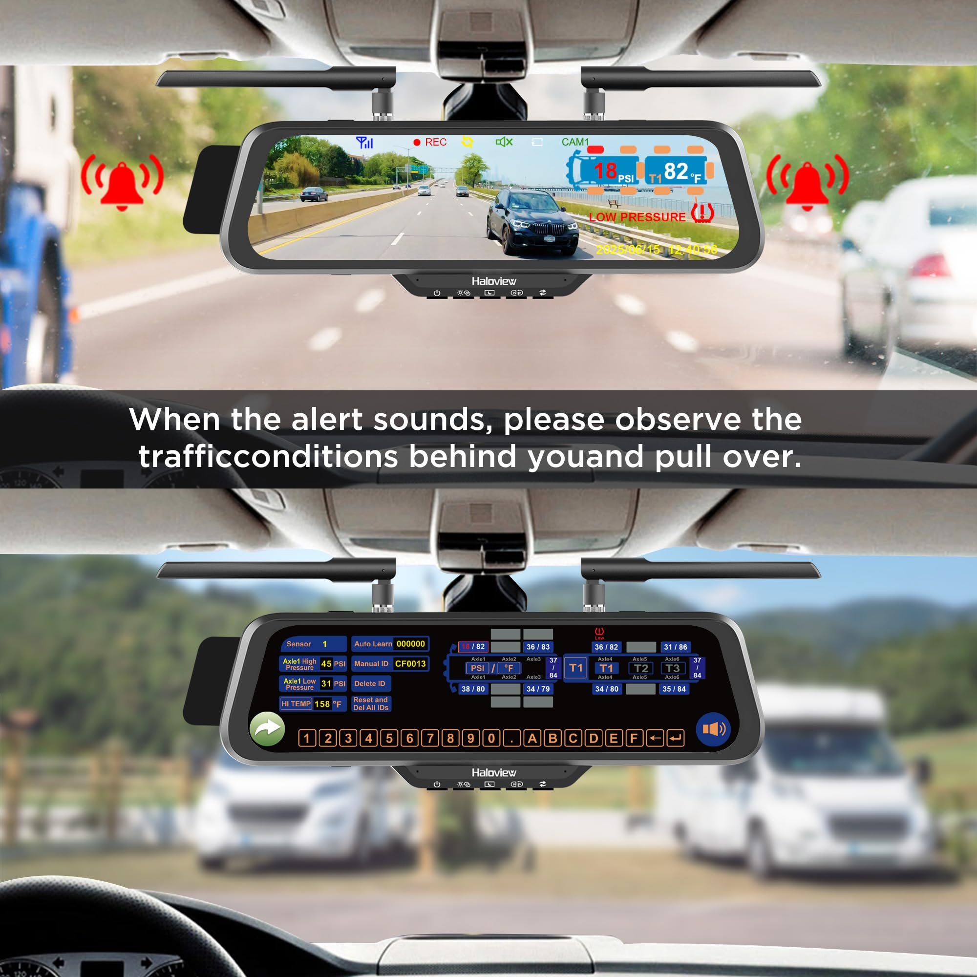 Haloview BT10 TPMS 4 Sensors Wireless Mirror 10" Monitor Backup Camera SYS